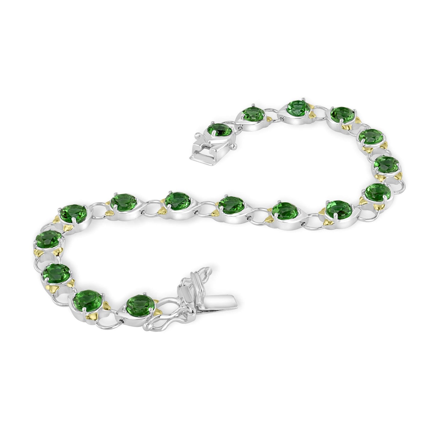 Gemistry Women Sterling Silver Round Shaped Chrome-Diopside Leaf Accent Line Bracelet | Birthstone Jewelry Gift for Her Birthday | Wedding | Anniversary