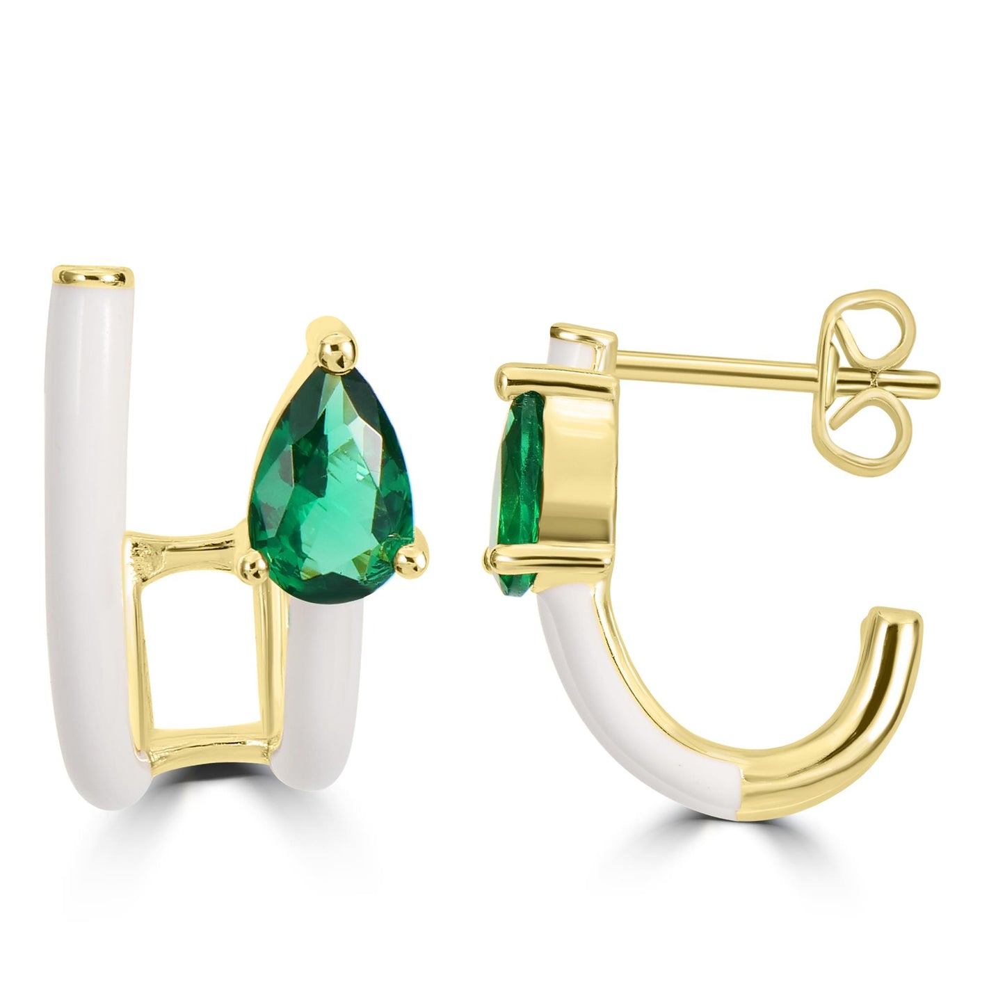 Bob Mackie Jewelry 14K Gold Over Brass Green Pear-Shaped Cubic Zirconia Double Row White Enamel Hoop Earrings