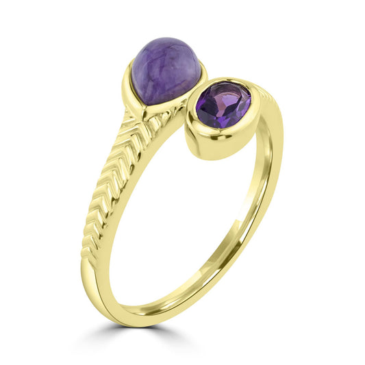 GG Collection  14K Gold over Sterling Silver Pear Charoite and Oval Amethyst Gemstone Bypass Ring