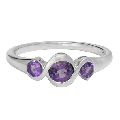 Cora Sterling Silver Amethyst Gemstone 3-Stone Round Bezel Ring, Sizes 6 to 8