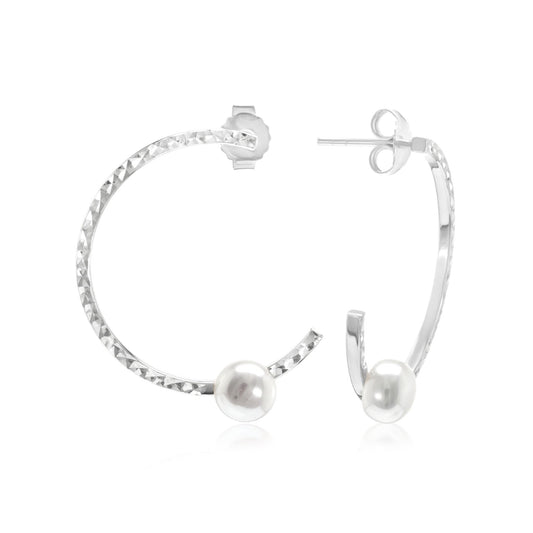 Judy Crowell Jewelry Sterling Silver Freshwater Pearl Diamond Cut Hoop Earrings