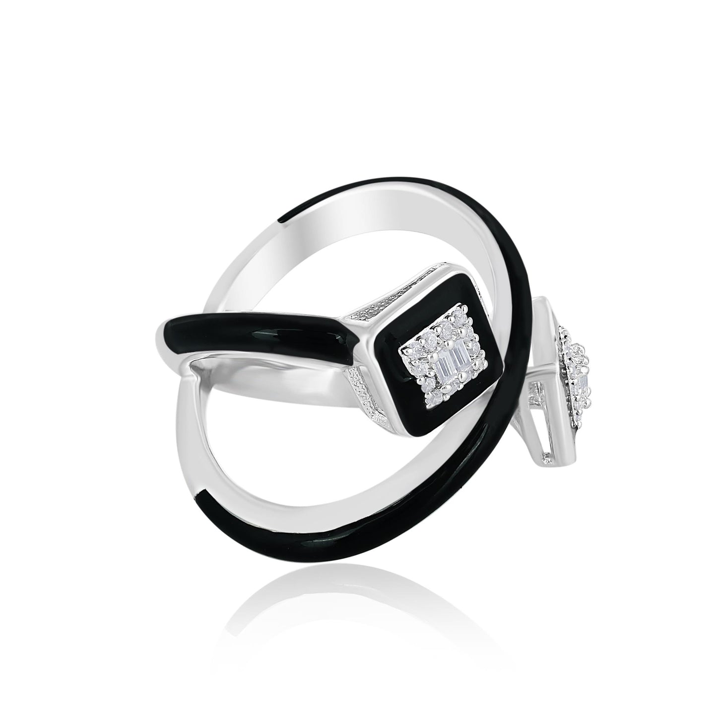 Judy Crowell Jewelry Sterling Silver Black Enamel Cubic Zirconia Cuff Ring, Sizes 6 to 9