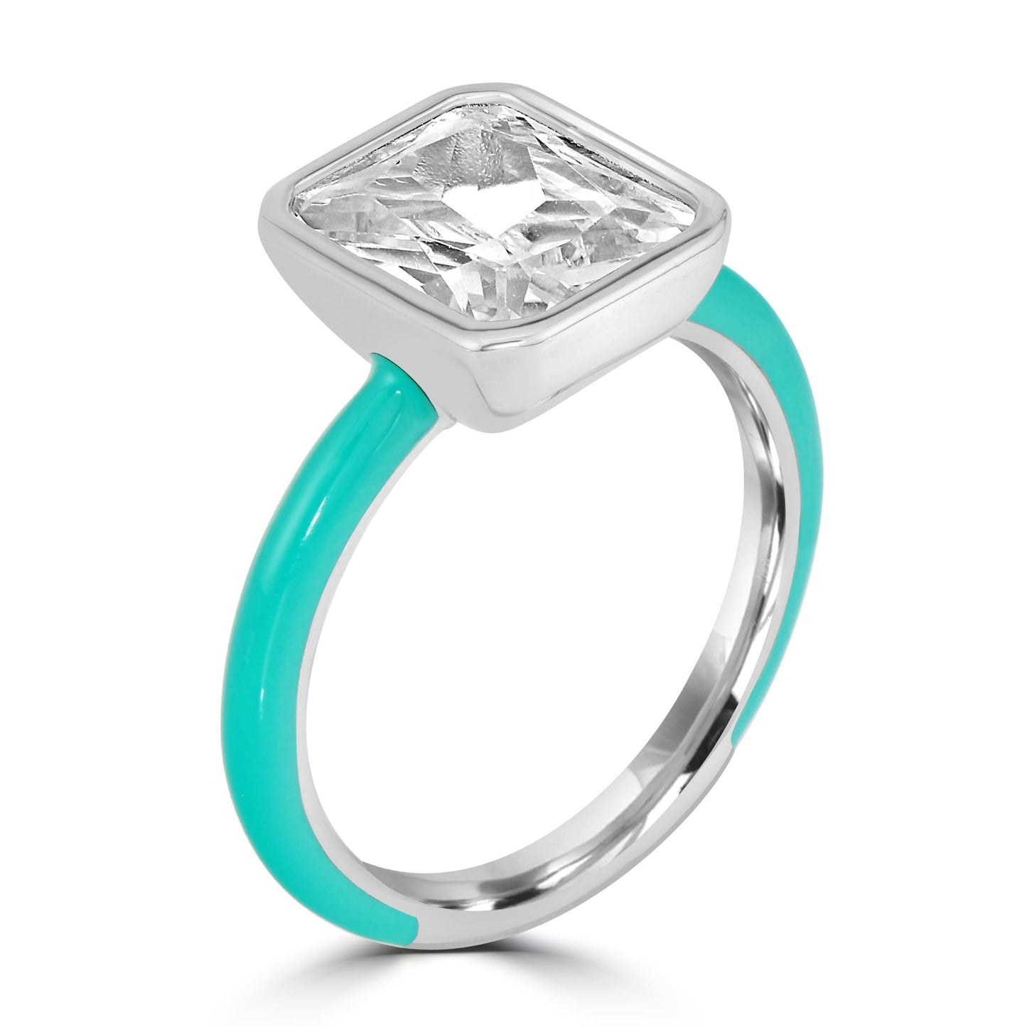 Bob Mackie Silver Over Brass Turquoise Enamel Rectangular Cut White Cubic Zirconia Ring, Sizes 6 to 8