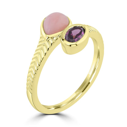 "GG Collection Pear and Oval Shaped Pink, Blue and Charoite Gemstone Bypass Ring in 925 Sterling Silver Gift For Her