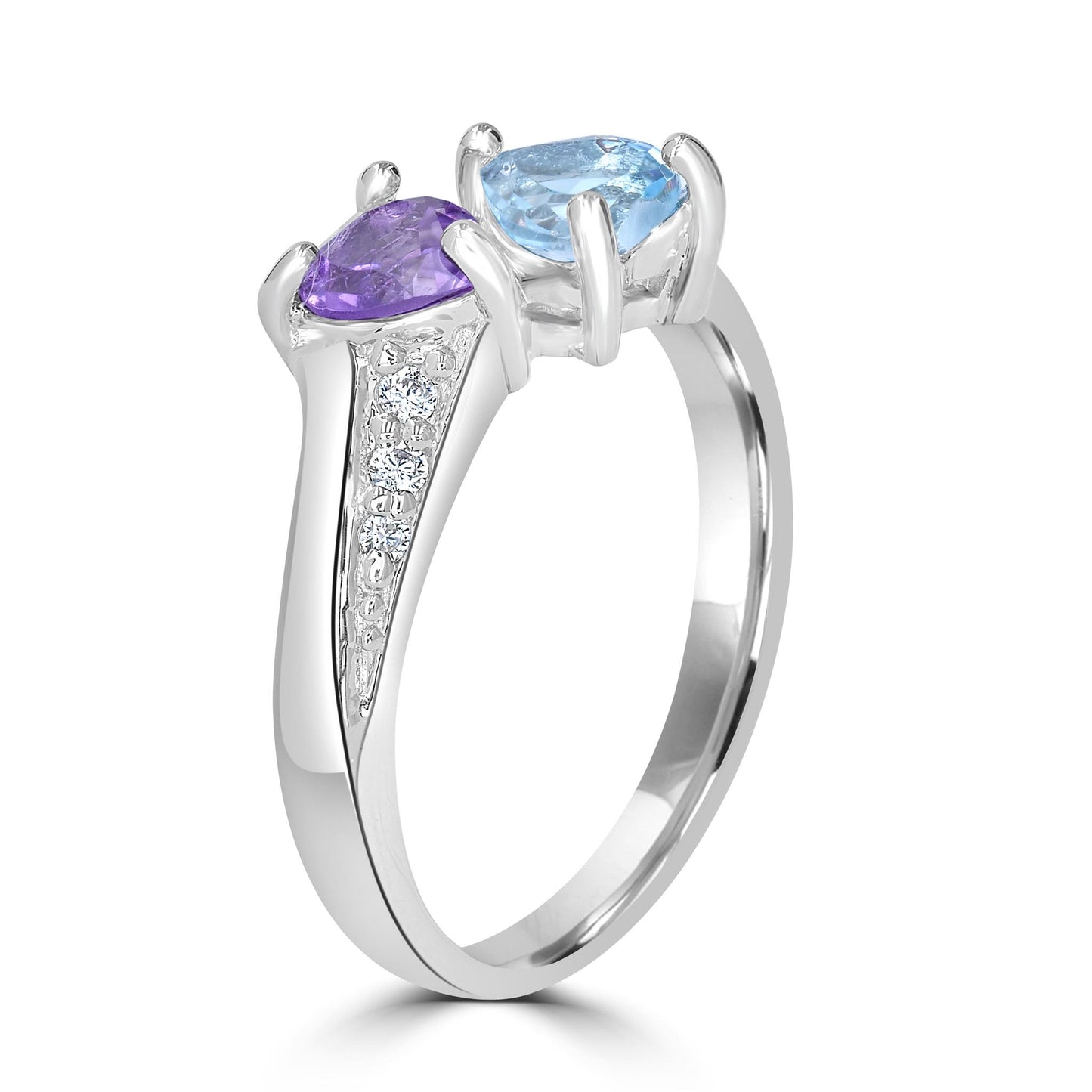 Sterling Silver Amethyst and  Blue Topaz Heart-Shaped Gemstone Bypass Ring, Sizes 7 to 9