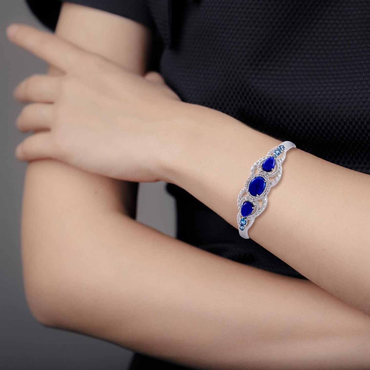 Gemistry Womens 925 Sterling Silver Lapis and Blue Topaz Gemstone Cuff Bracelet Gift for Her | Wedding | Birthday | Anniversary