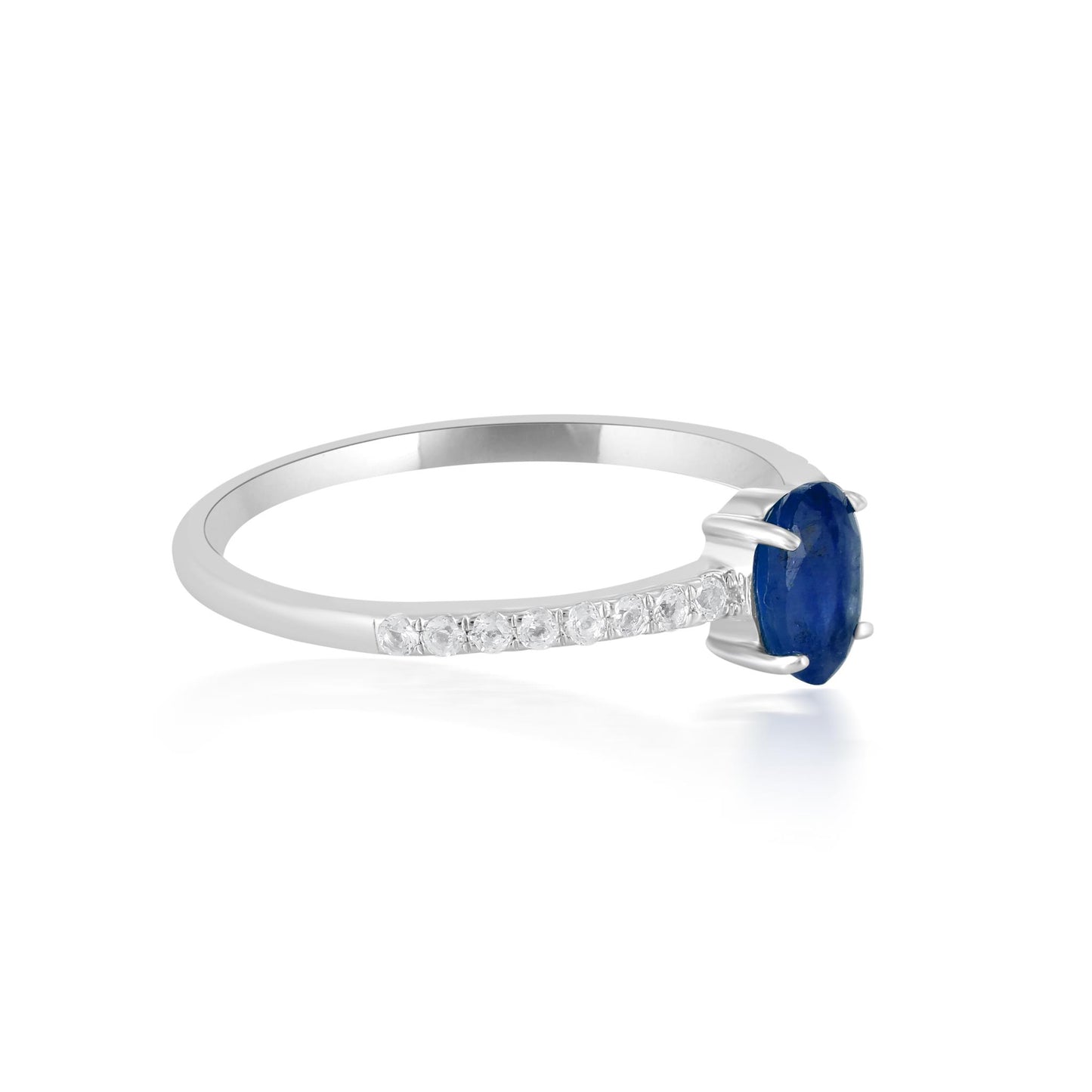 14K White Gold Oval Sapphire and White Topaz Band Ring