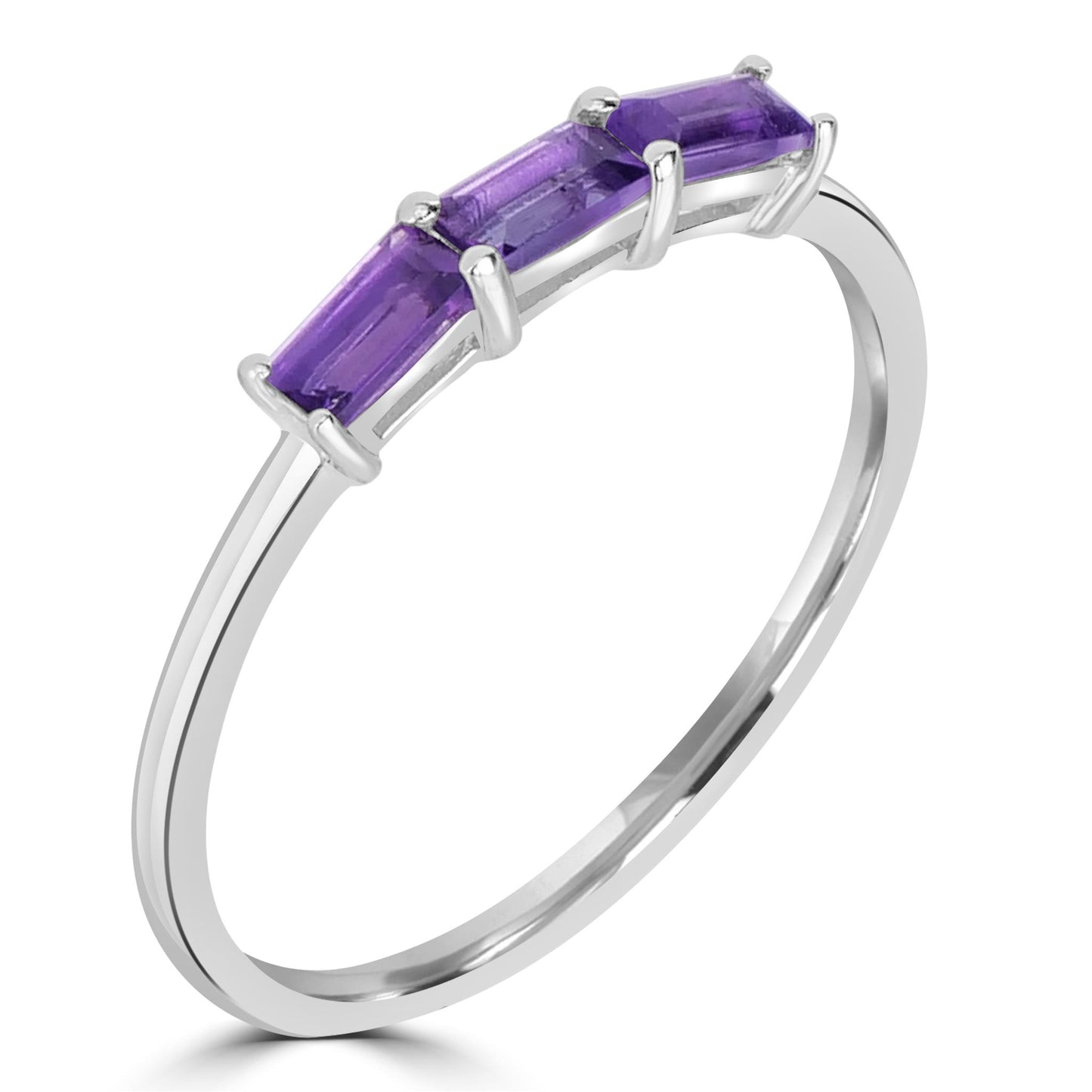 Heidi Sterling Silver Amethyst Gemstone Stackable 3-Stone Baguette Ring, Sizes 6 to 8