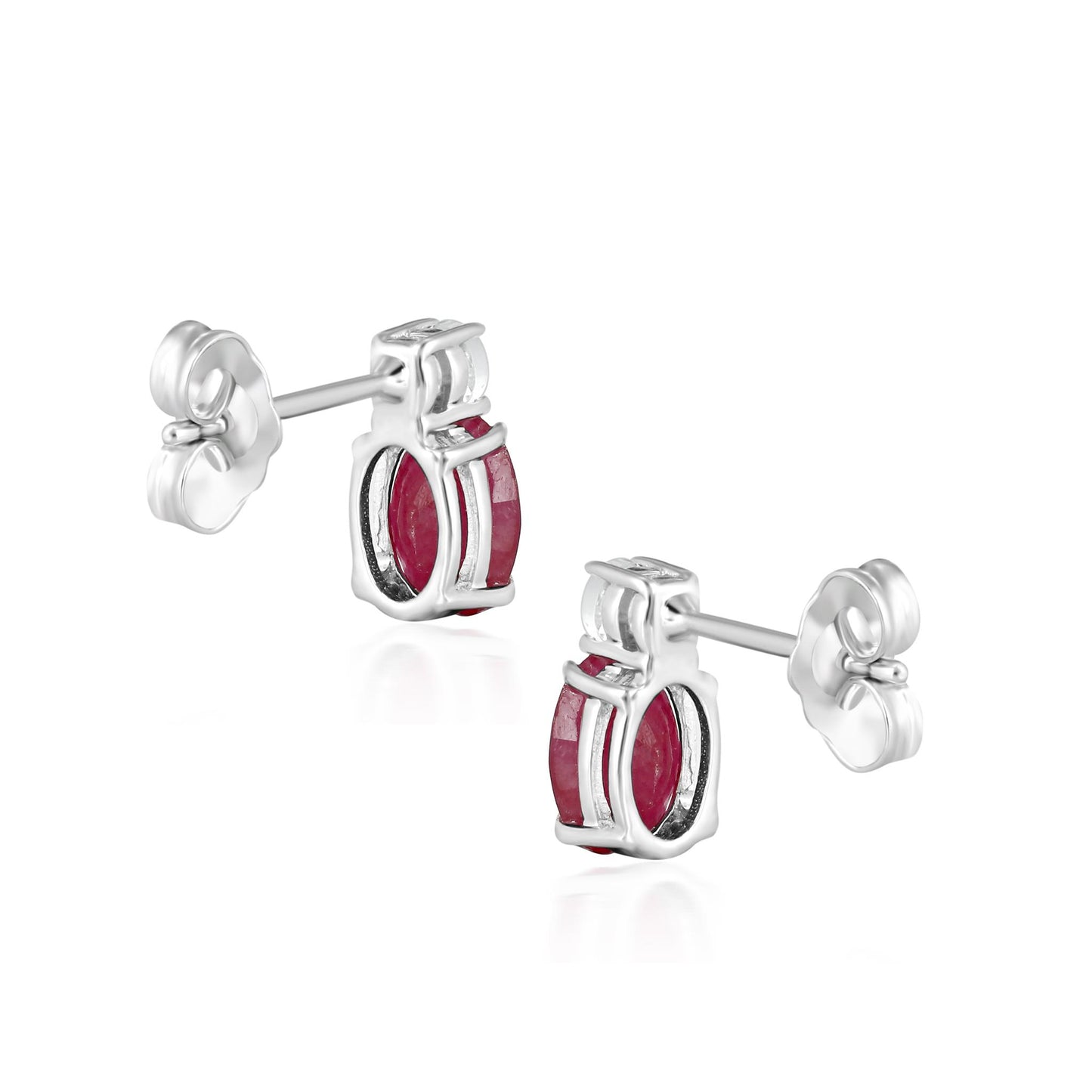 14K White Gold Oval Ruby and White Topaz Stud Earrings