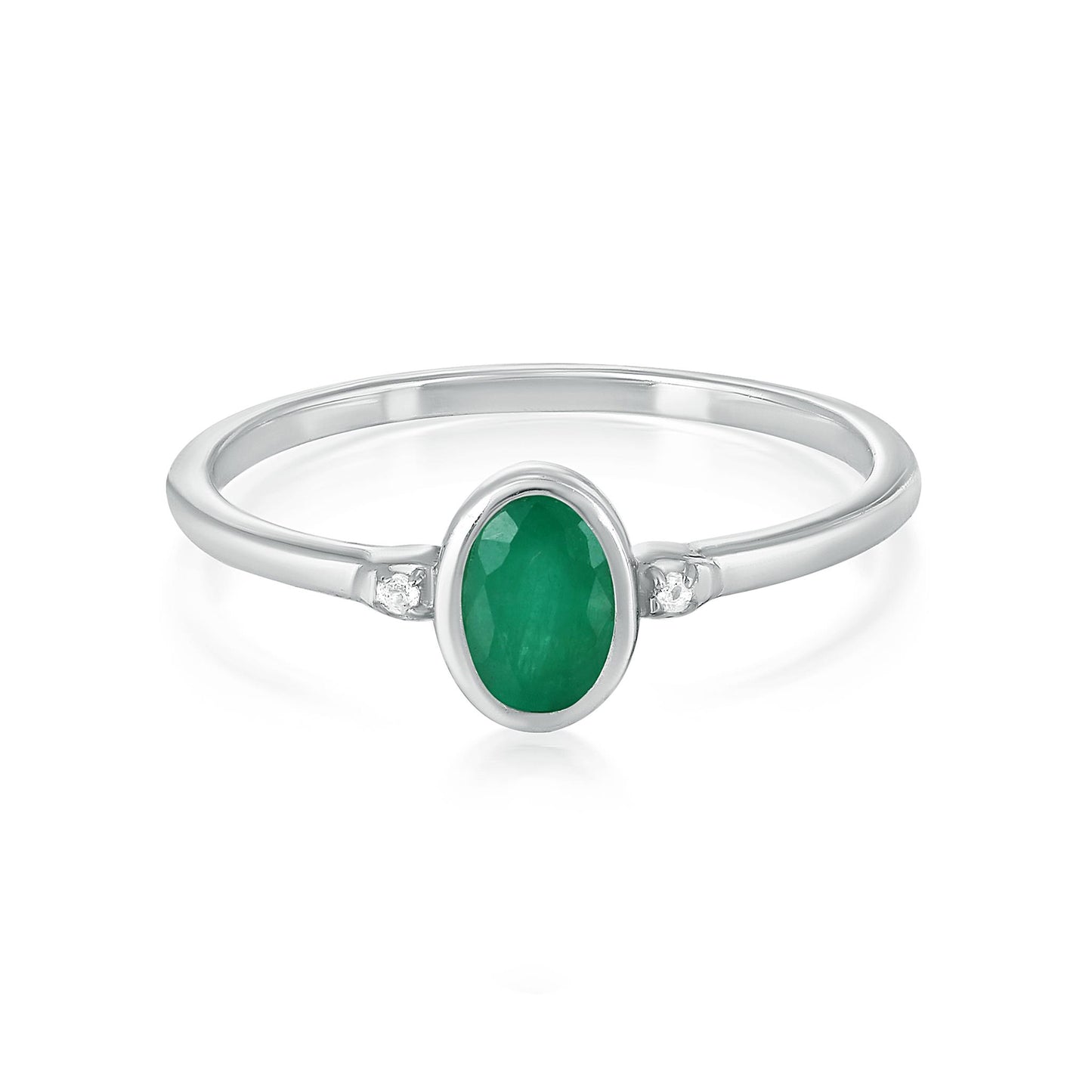 14K White Gold Oval Emerald and White Topaz Accent Midi Ring