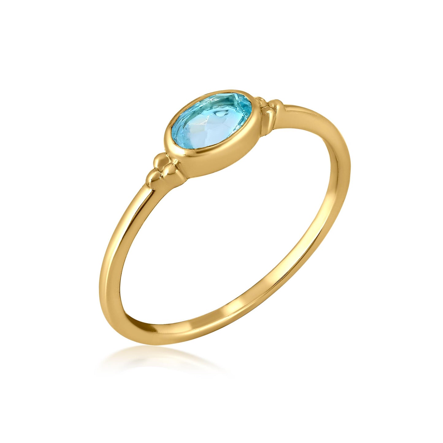 East-West 14k Gold over Sterling Silver Swiss Blue Topaz Gemstone Stackable Solitaire Bezel Ring