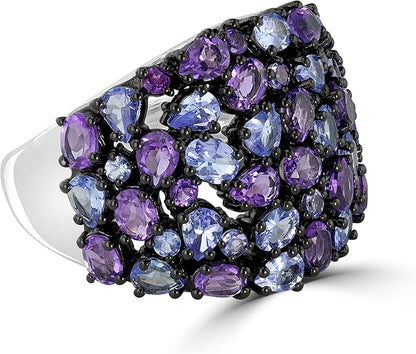 Sterling Silver Oval & Round Tanzanite & Amethyst Gemstone Women's Ring (6.11 Ct)