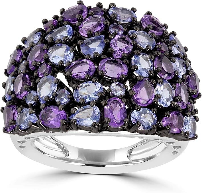 Sterling Silver Oval & Round Tanzanite & Amethyst Gemstone Women's Ring (6.11 Ct)