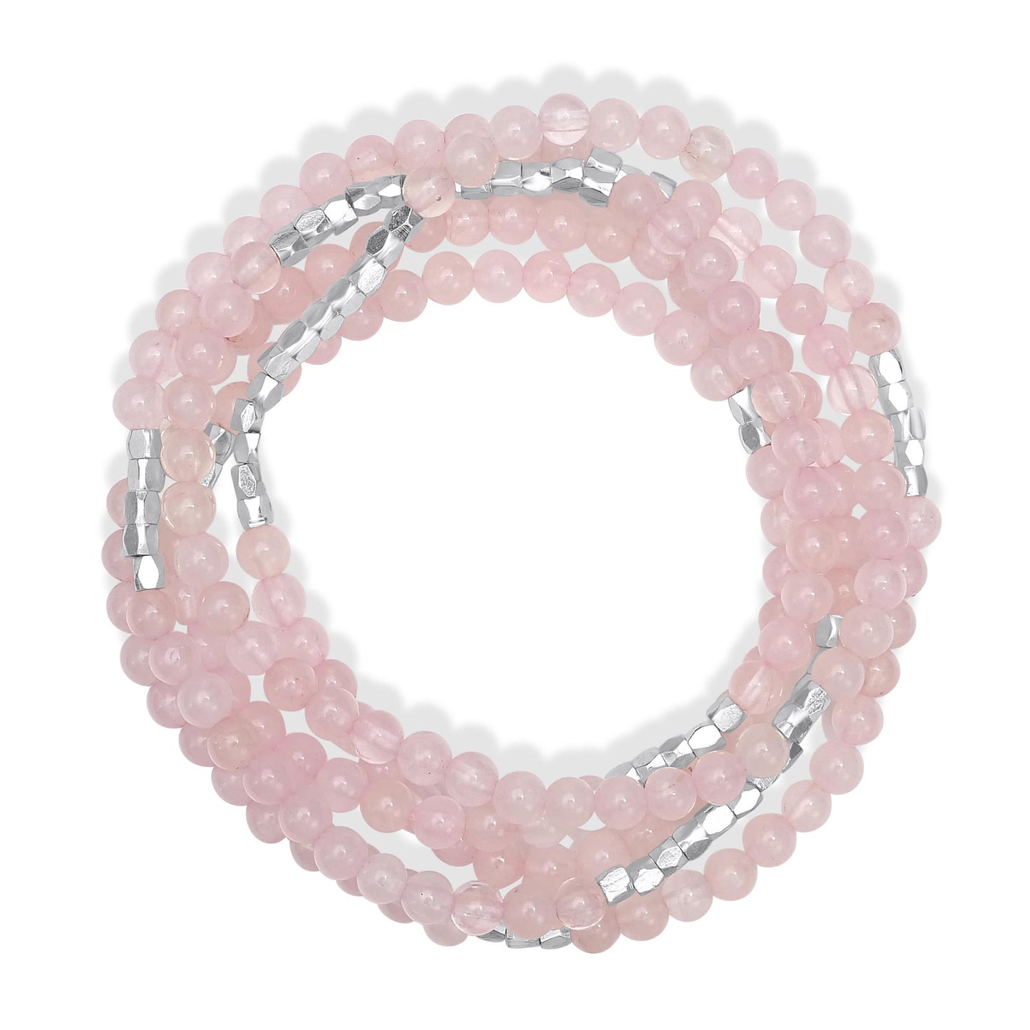 Silver-Plated Brass Rose Quartz Beaded Wrap Bracelet or Necklace, 35 Inches