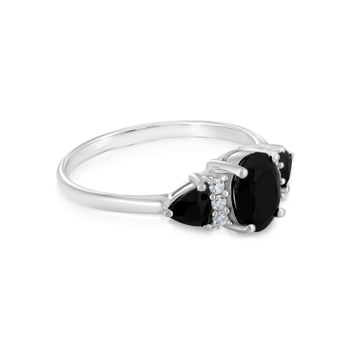 Sterling Silver Black Onyx and Cubic Zirconia 3-Stone Ring, Sizes 7 to 9