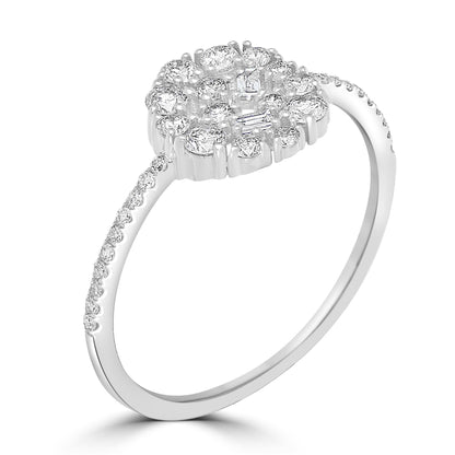 14K White Gold Round and Baguette Diamond Cluster Ring, .4 Carats, Sizes 6 to 8