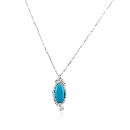 Gemistry Women & Girls Sterling Silver Elongated Oval Cabochon Kingman Turquoise Swirl Design Pendant Necklace | Birthstone Jewelry Gift for Her Birthday | Wedding | Anniversary