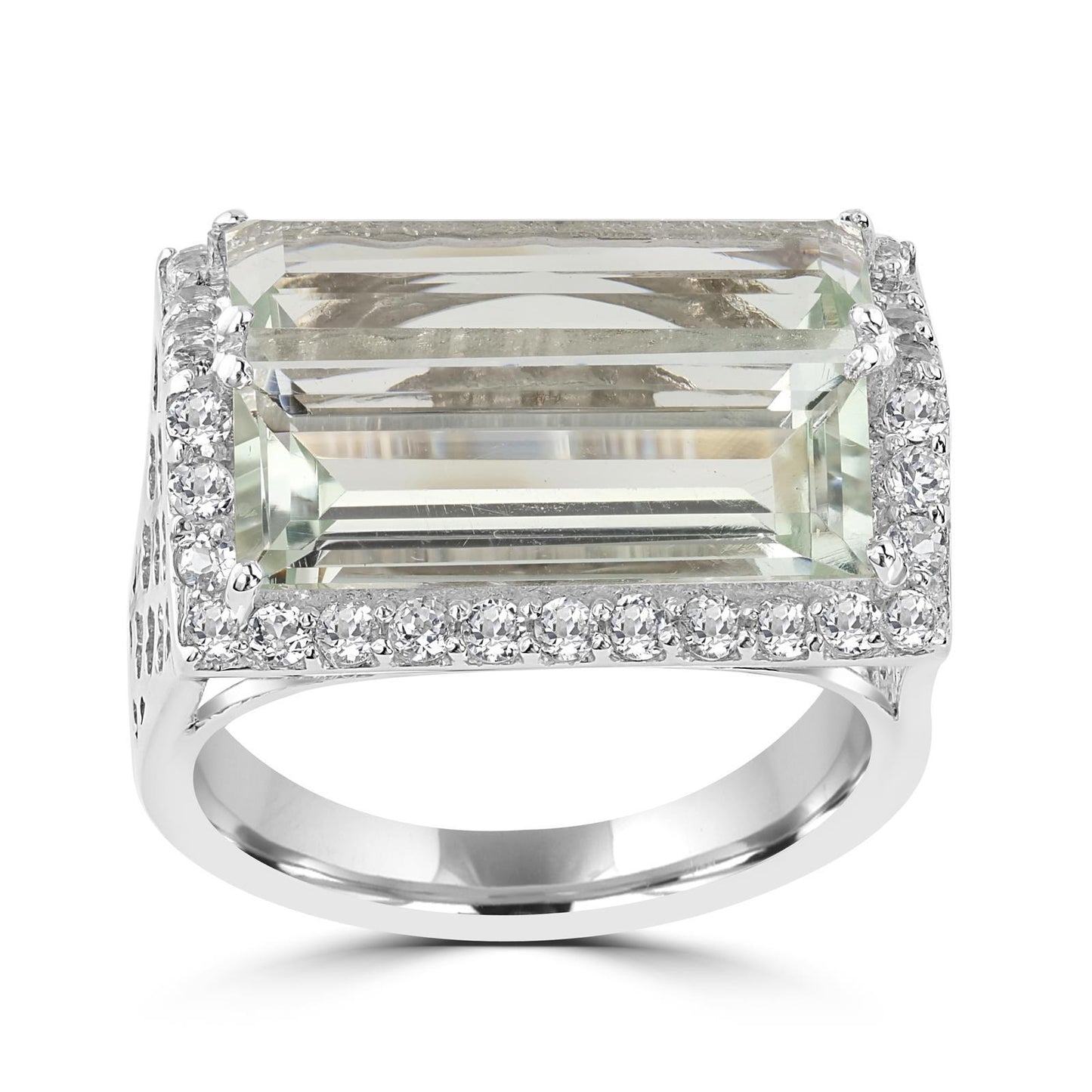 Sterling Silver Emerald Cut Green Amethyst & White Topaz Women Ring (5.56 Ct)