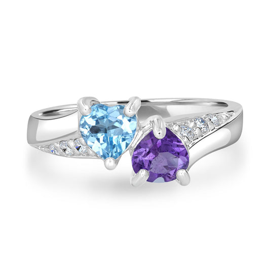 Sterling Silver Amethyst and  Blue Topaz Heart-Shaped Gemstone Bypass Ring, Sizes 7 to 9