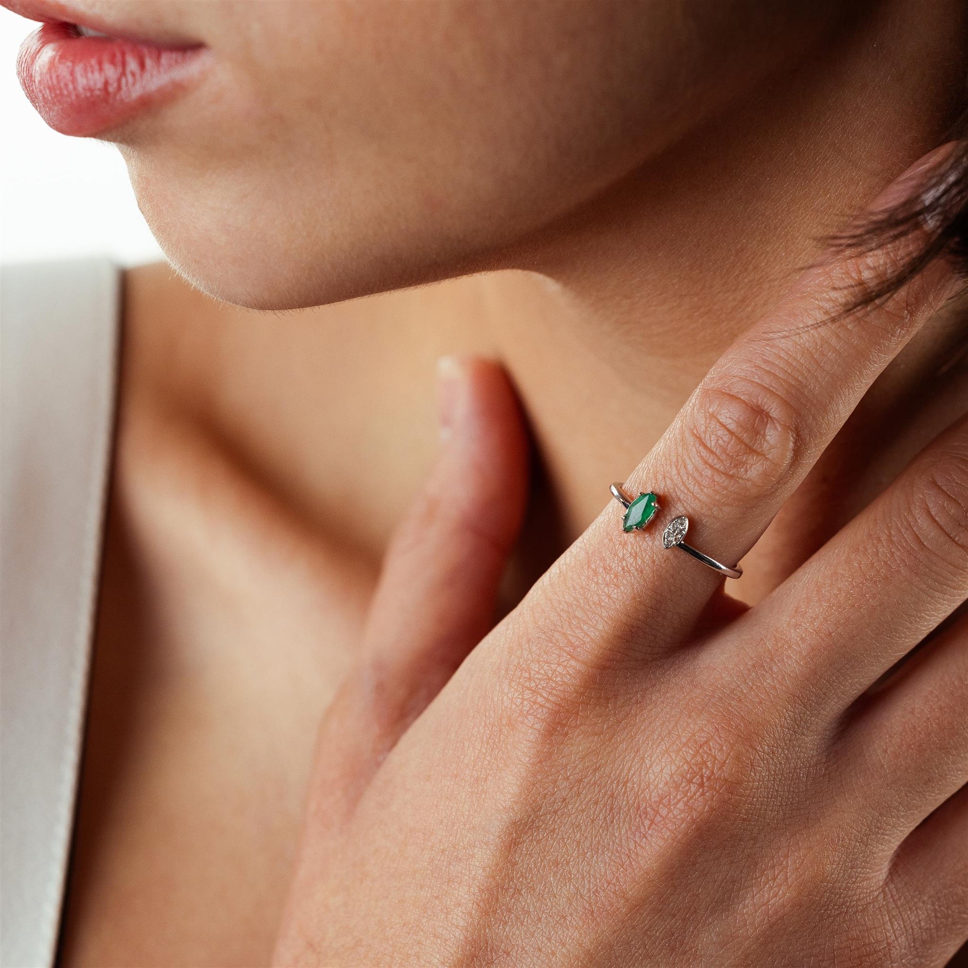 14K White Gold Marquise Emerald and White Topaz Cuff Ring