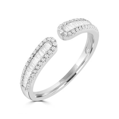 14K White Gold Round and Baguette Diamond Cuff Ring, .30 Carats, Sizes 6 to 8