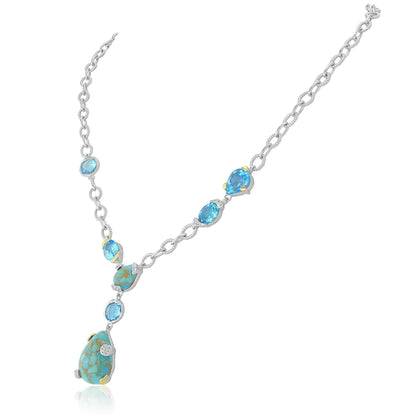 Gemistry Women Sterling Silver Sonoran Turquoise, White and Blue Topaz Statement Necklace, 18 inch | Birthstone Jewelry Gift for Her Birthday | Wedding | Anniversary