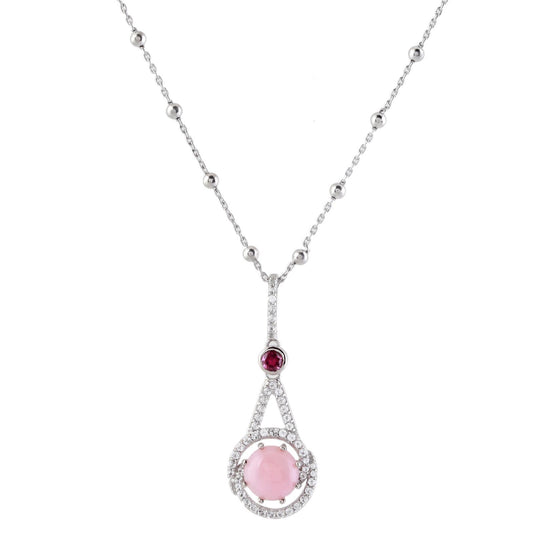 Gemistry Womens Sterling Silver Pink Opal & Rhodolite Drop Pendant Necklace, 18 inch Gift for Her | Wedding | Birthday | Anniversary