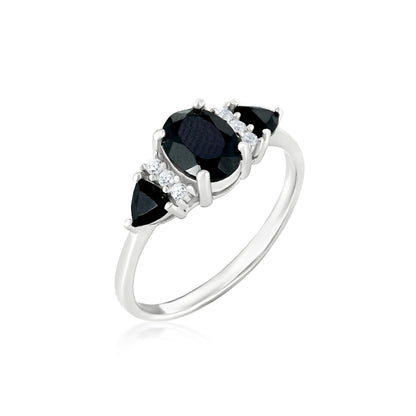 Sterling Silver Black Onyx and Cubic Zirconia 3-Stone Ring, Sizes 7 to 9