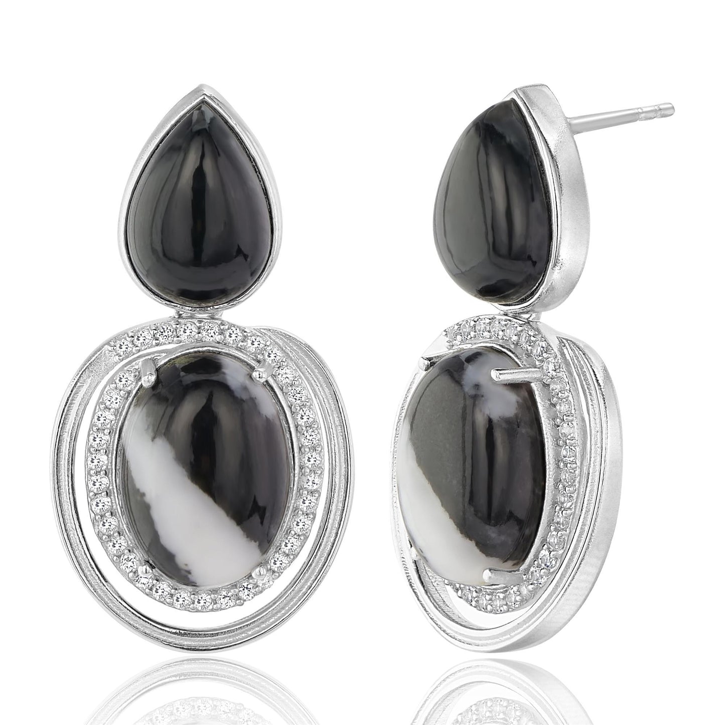 Gemistry Women Sterling Silver White Buffalo, White Topaz and Black Jade Gemstone Drop Earrings | Birthstone Jewelry Gift for Her Birthday | Wedding | Anniversary