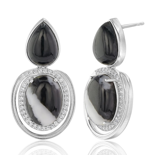 Sterling Silver White Buffalo, White Topaz and Black Jade Gemstone Drop Earrings