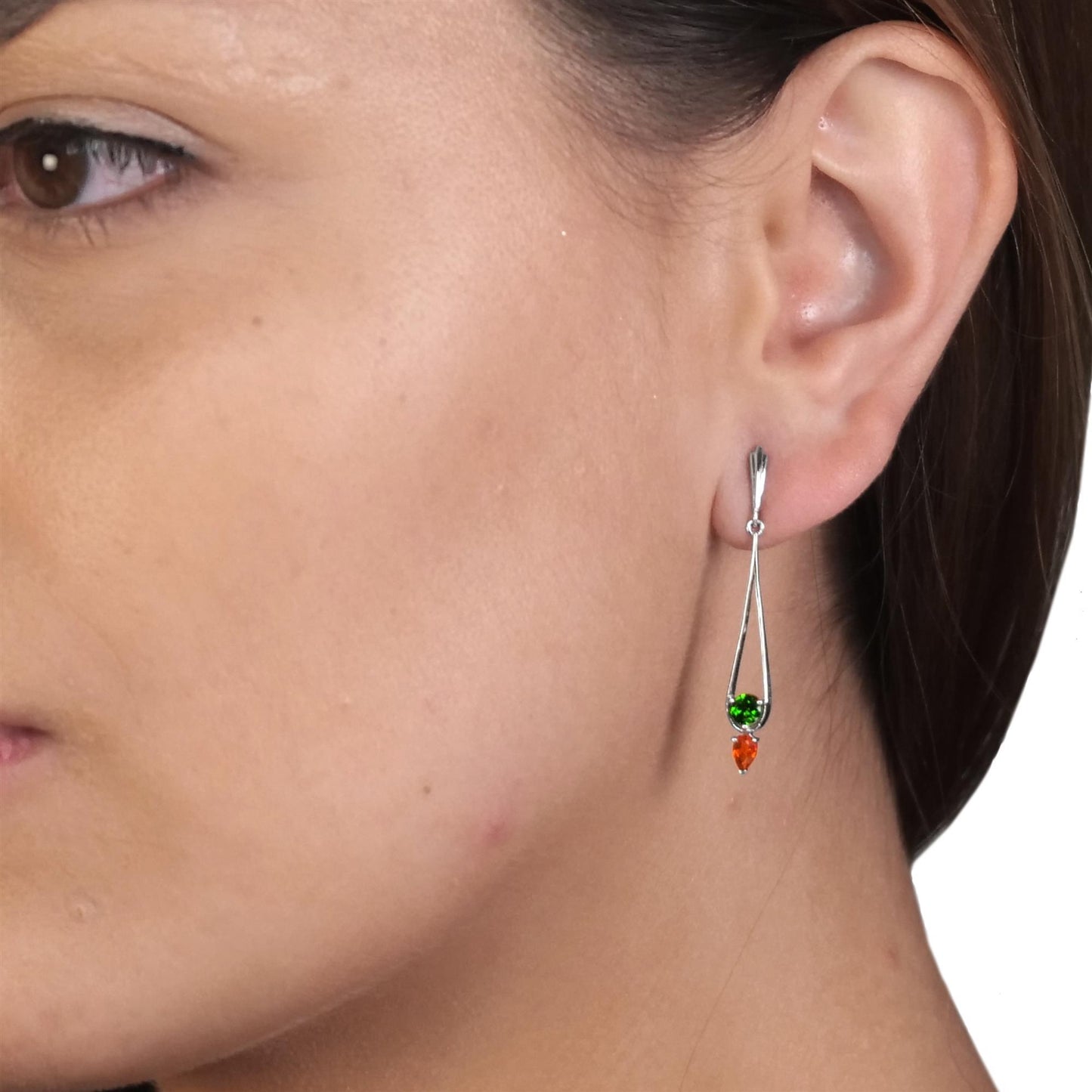 Gemistry "GG Collection" Chrome Diopside and Fire Opal Linear Drop Earrings in 925 Sterling Silver