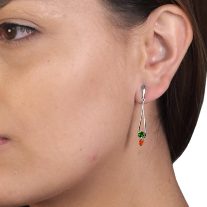 Gemistry "GG Collection" Chrome Diopside and Fire Opal Linear Drop Earrings in 925 Sterling Silver