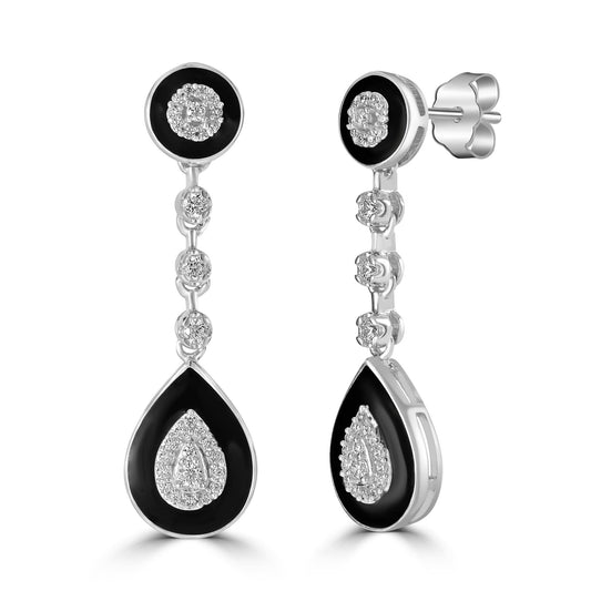 Judy Crowell Jewelry Sterling Silver Black Enamel Cubic Zirconia Teardrop Earrings