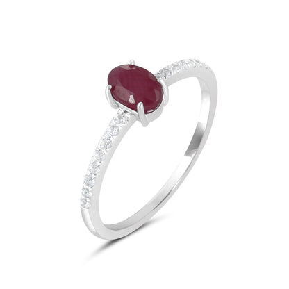 14K White Gold Oval Ruby and White Topaz Band Ring