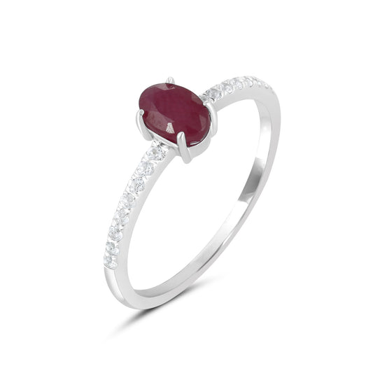 14K White Gold Oval Ruby and White Topaz Band Ring