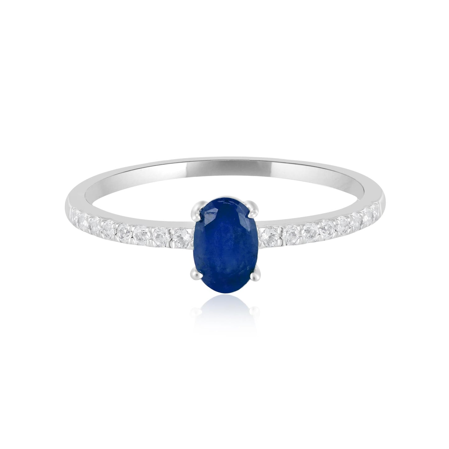 14K White Gold Oval Sapphire and White Topaz Band Ring