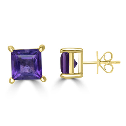 Gemistry Classic Womens or Girls 14K Yellow Gold Genuine Amethyst Square Shaped Stud Earring February Birthstone Jewelry Gift for Her Birthday| Wedding | Anniversary