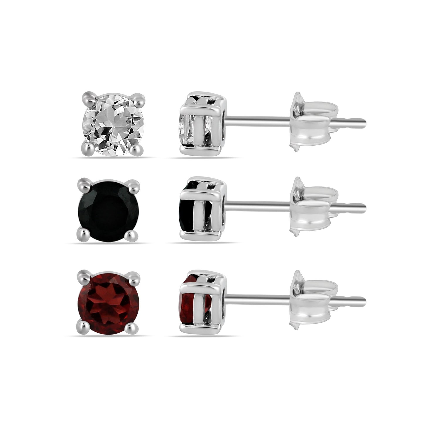 Sterling Silver White Topaz, Black Onyx and Garnet Stud Earring Set