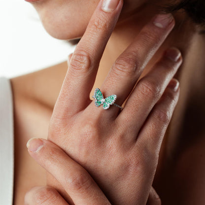 14K White Gold Emerald and White Topaz Butterfly Ring