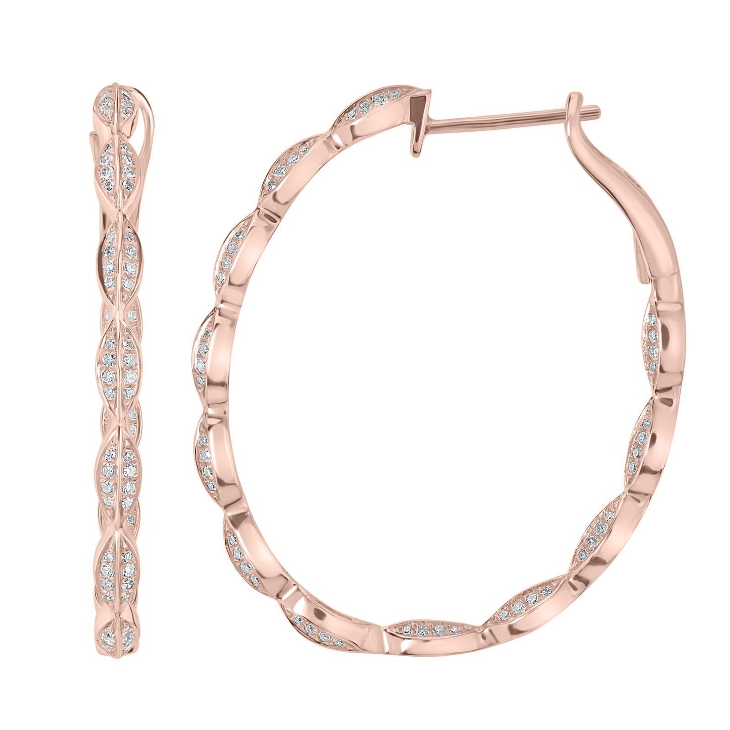 Gemistry Womens or Girls 14K Rose Gold, Round White Diamond Hoop Earring. April Birthstone Month, Gift For Her.