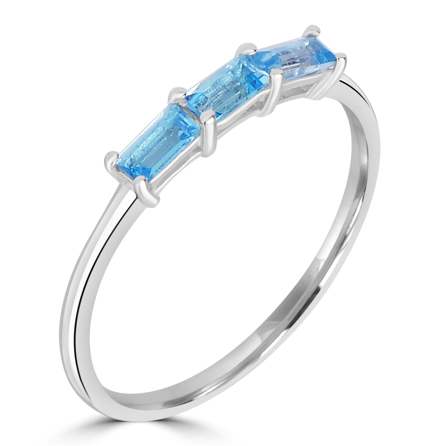 Heidi Sterling Silver Sky Blue Topaz Gemstone Stackable 3-Stone Baguette Ring, Sizes 6 to 8