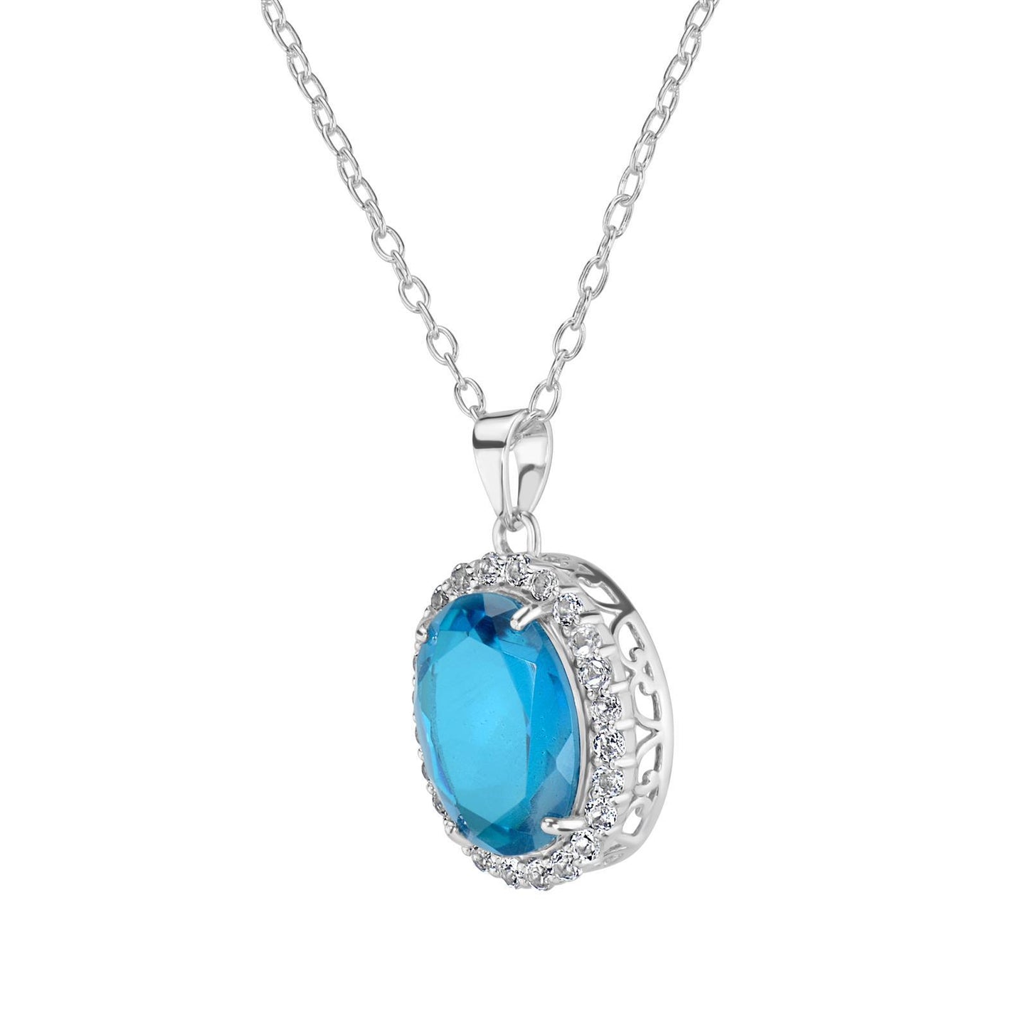 Gemistry Bold Oval Paraiba Quartz with White Topaz Halo Pendant Necklace in 925 Sterling Silver (8.78 Ct) 18" Chain