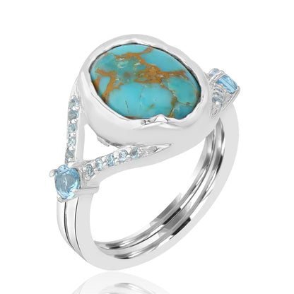 Women Sterling Silver Oval Turquoise and Blue Topaz Gemstone Split Shank Ring | Birthstone Jewelry Gift for Her Birthday | Wedding | Anniversary (Ring Size 6)