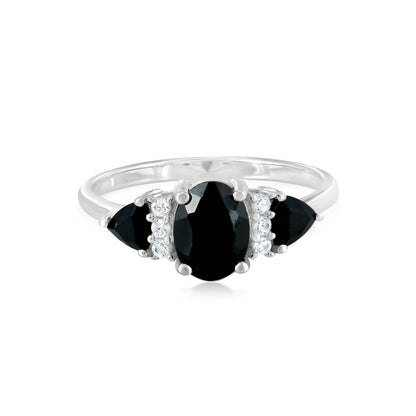 Sterling Silver Black Onyx and Cubic Zirconia 3-Stone Ring, Sizes 7 to 9