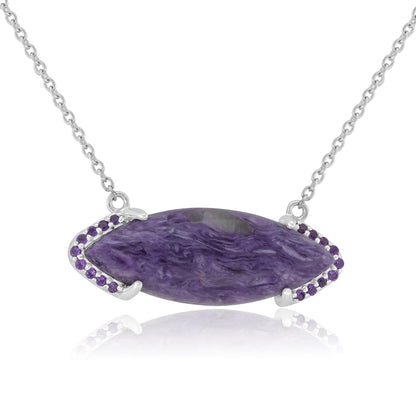 Gemistry Women & Girls Sterling Silver Bold Marquise Charoite Bar Pendant Necklace | Birthstone Jewelry Gift for Her Birthday | Wedding | Anniversary