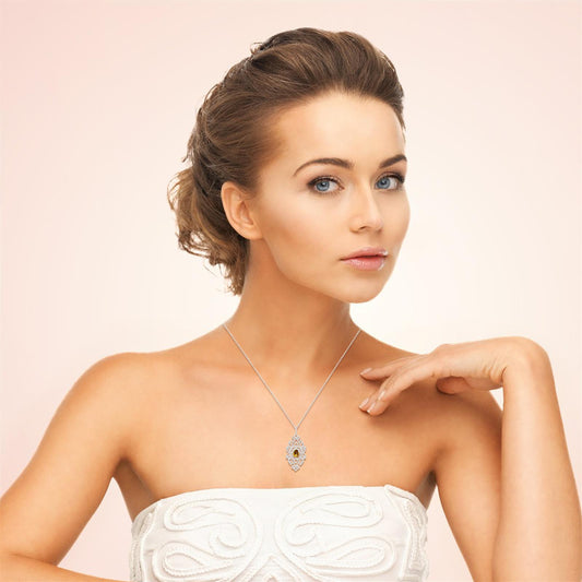 Sterling Silver Diamond and Hessonite Estate Style Necklace, 18 Inches