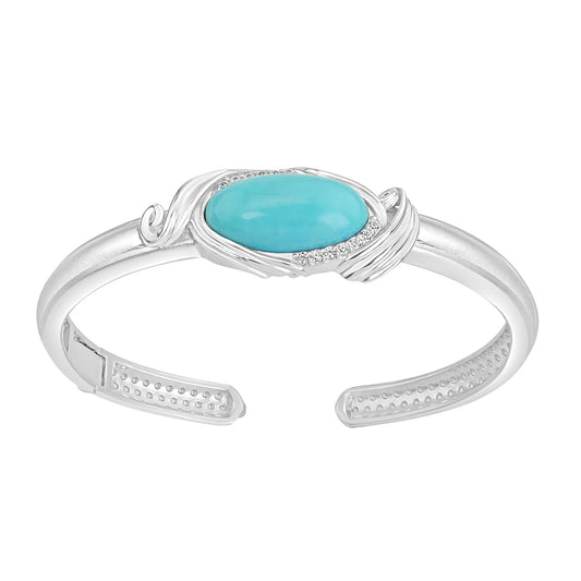 Sterling Silver Natural Oval Kingman Turquoise and White Natural Zircon Gemstone Cuff Bangle