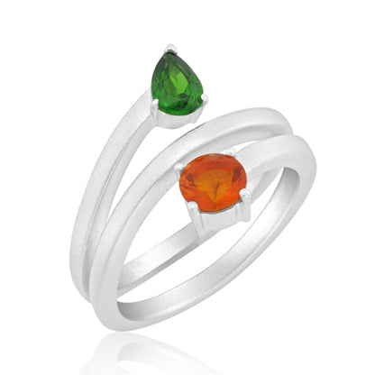 Sterling Silver Diopside Fire Opal Bypass Ring, Sizes 5 to10