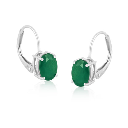 14K White Gold Oval Emerald Lever Back Drop Earrings