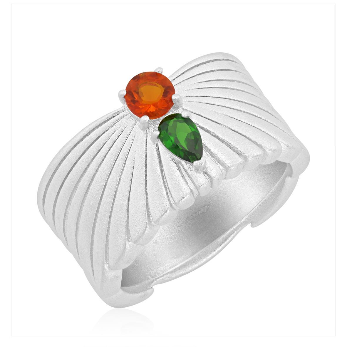 Sterling Silver Diopside Fire Opal Ray Design Ring, Sizes 5 and 6